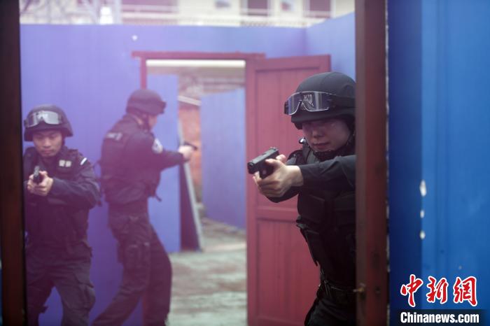 龚家慧(右一)和特警队员开展模拟警情演练。　蒋雪林 摄